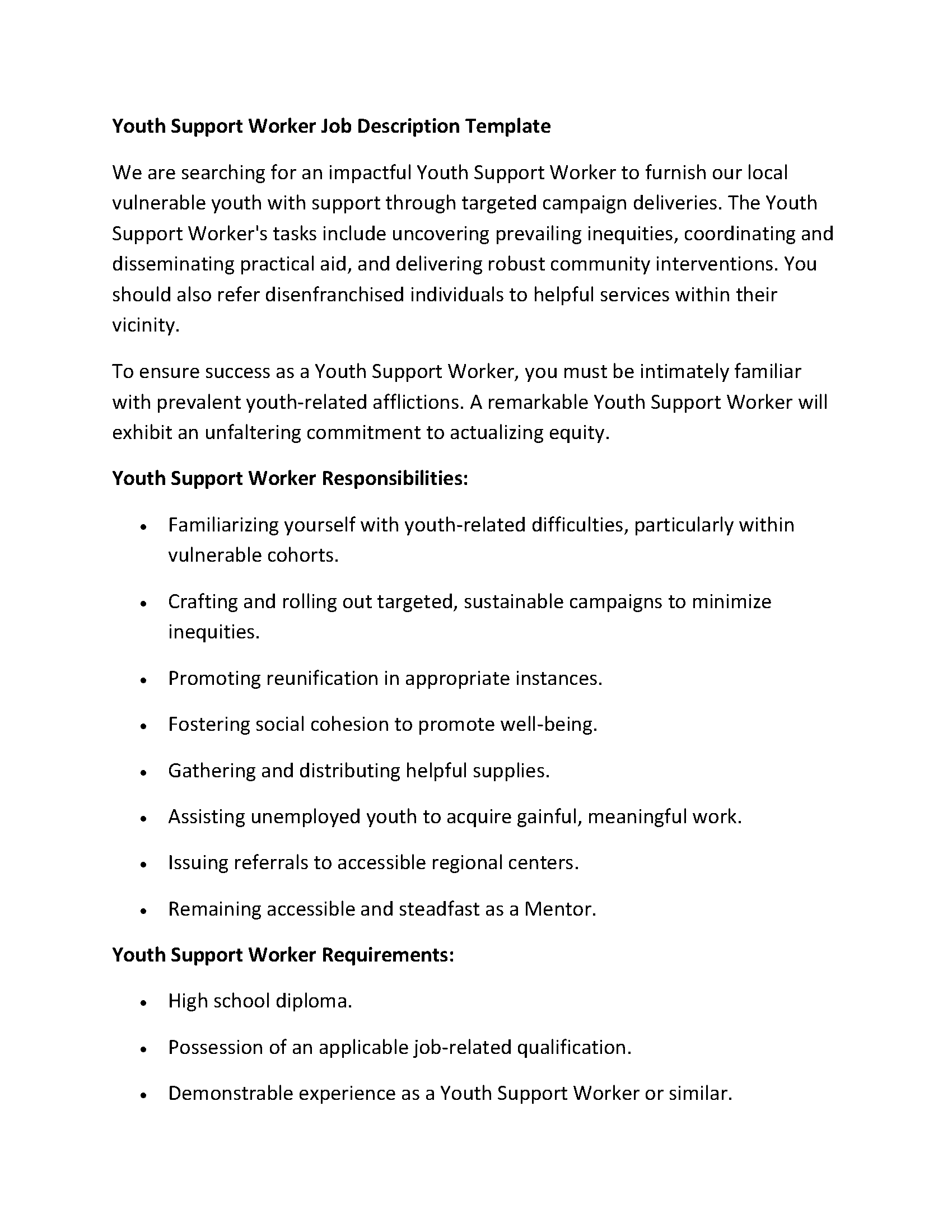 Youth Support Worker Job Description Template